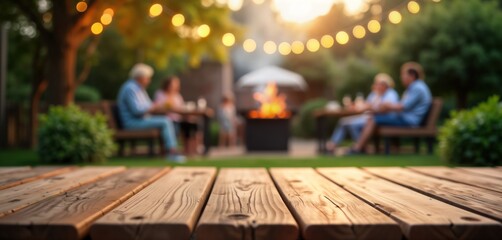 Empty wooden table outdoors in garden. Blurred background shows people enjoying barbecue. Sunny day with warm lighting. Patio setting perfect for summer cookout. Family gathering outdoors.