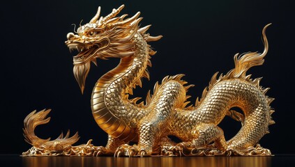 Fototapeta premium Majestic Golden Dragon Sculpture with Intricate Details on a Dark Background, Evoking Mythical Legends and Rich Cultural Heritage in Stunning 3D Design