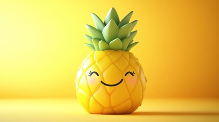 Fototapeta premium Cute cartoon pineapple with happy face on yellow background.