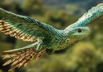 Obraz premium Majestic Green Winged Creature Soaring Through Verdant Landscape Captivating Display of Nature's Beauty in Vibrant Colorful Feathers and Graceful Flight