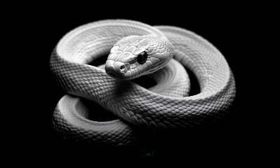 Fototapeta premium Majestic White Snake Curled Gracefully Against a Dark Background Showcasing its Textured Scales and Intriguing Gaze in a Stunning Monochrome Presentation
