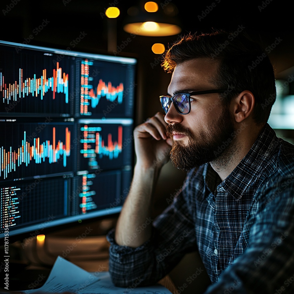 Poster a data scientist using predictive models to create a financial forecast report on a dual-monitor set