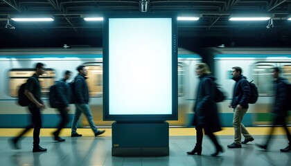 Subway station commuters rush past large blank billboard. Blurred motion shows urban transit rush hour. Potential advertising space in public transport. Modern infrastructure in action. Everyday city