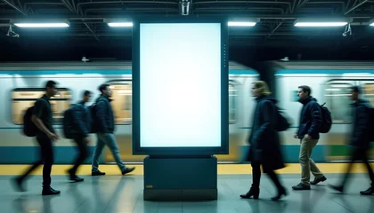 Fototapeten Subway station commuters rush past large blank billboard. Blurred motion shows urban transit rush hour. Potential advertising space in public transport. Modern infrastructure in action. Everyday city © Pete