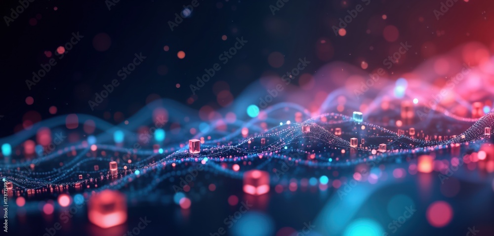Poster abstract digital illustration shows glowing cubes, lines. futuristic patterns move like waves. color