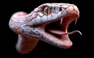 Fototapeta premium Realistic 3D Rendering of a Snake with Open Mouth and Exposed Fangs, Showcasing Intricate Scales and Captivating Features Against a Dark Background