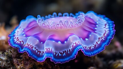 Pink & blue jellyfish underwater coral reef ocean wildlife.