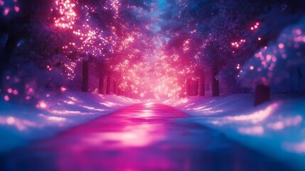 Blurred warm light clusters illuminating a snowy path surrounded by dense forest evoking a tranquil and magical winter setting