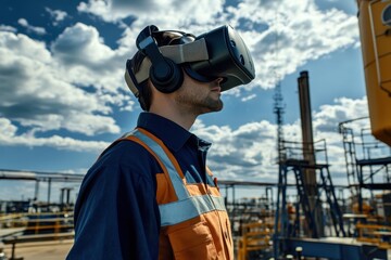 Worker uses virtual reality headset on industrial site for training or simulation experience