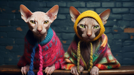 Two cute Sphynx cats in cute knitted fashionable outfits and hats