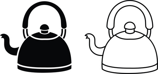 Boiling kettle icon set. Hot teapot with steam kitchenware sign flat and line vector collection isolated on transparent background. Traditional tea kettle for hot beverage or water scrapbooking design