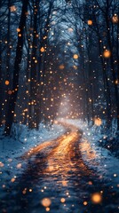 Blurred warm light clusters illuminating a snowy path surrounded by dense forest evoking a tranquil and magical winter setting