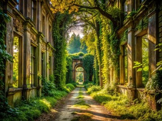 Obraz premium Avenue of Lindens: Palace garden's overgrown, decaying beauty, a secret, mysterious urban exploration.