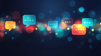 Digital communication and online chat concept, stream of message icons flowing on abstract background. Technology of internet, social network and global connection.