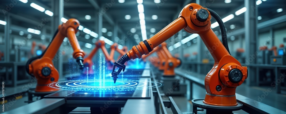 Poster Smart industry robots automate manufacturing process in digital factory. IOT software manages operations. Orange robot arms work on production line. Modern tech, automation revolutionize