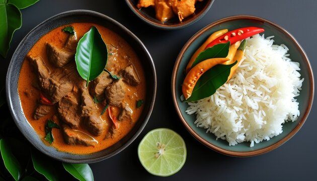 Delicious Panang Beef Curry with Fragrant Rice and Fresh Herbs on a Dark Background