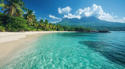 Fototapeta premium Serene Tropical Beach Paradise: Unveiling the Turquoise Waters and Majestic Mountain Views