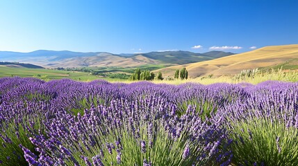 Naklejka premium Lavender field, sunny hills, summer landscape, scenic view, peaceful nature.
