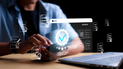 Business work and Assessment for the certificate concept, online survey exam and choose the right answer in the exam international standard certification of product