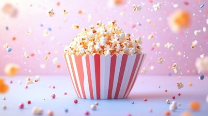 Popcorn in striped cup with sprinkles.