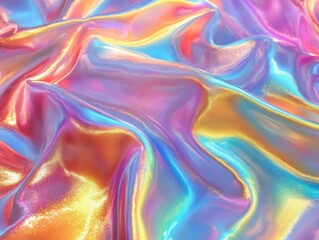Shimmering Iridescent Fabric Texture with Vibrant Colors in Soft Waves, Capturing Light and Reflection for Fashion or Art Backgrounds