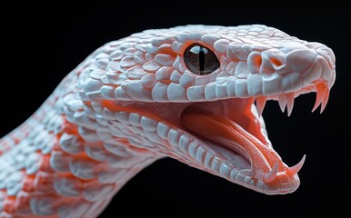 Fototapeta premium Striking Close-Up of a Beautiful Colorful Snake with Open Mouth Displaying Fangs, Captured Against a Dark Background for Wildlife Enthusiasts and Educators