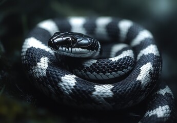 Naklejka premium Striking Close-Up of a Coiled Black and White Snake with Captivating Patterns on Its Scales Resting on Natural Background in a Calm Environment