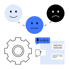 Sad, neutral, and happy emotions linked above a gear, speech bubbles with voice icon, binary, and text. Ideal for AI, customer service, tech development feedback tools emotions automation