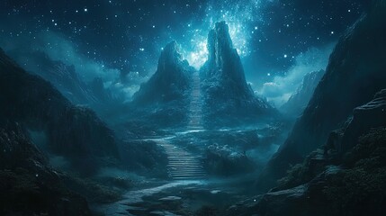 Fototapeta premium A mystical valley with a ladder of stars reaching toward a celestial business summit
