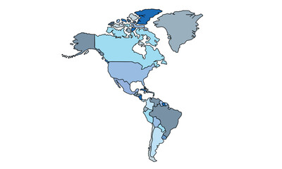 Blue tone map of America isolated on white background.