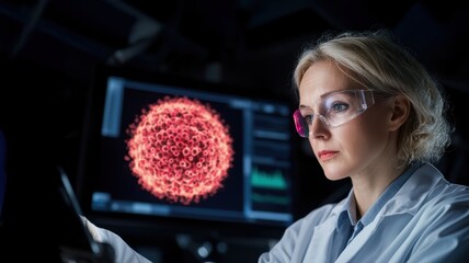 Scientist analyzing data with a digital display of a molecular structure.
