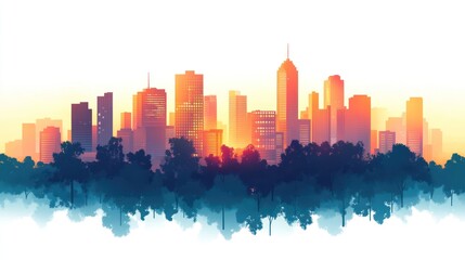 Naklejka premium Sunrise cityscape silhouette over trees.