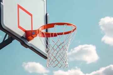 Basketball hoop against a clear blue sky with clouds in the background during daytime