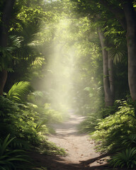 Obraz premium A forest pathway surrounded by lush greenery with sunlight filtering through the trees. Environment Theme Mockup and concept