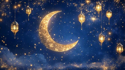 Naklejka premium Golden Crescent Moon and Lanterns: A Sparkling Night Scene