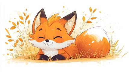Cute cartoon fox resting in autumn grass.