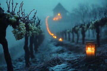Frosty Vineyard Night With Candlelight And Distant Lights