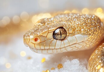 Obraz premium Stunning Close-Up of a Shimmering Golden Snake Against a Soft Background with Glimmering Bokeh Effect, Showcasing Intricate Scales and Unique Patterns