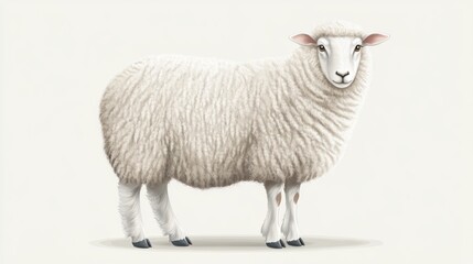 Fototapeta premium Fluffy white sheep standing on white background.