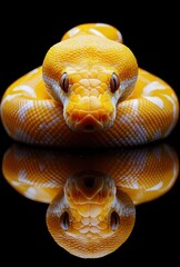 Fototapeta premium Stunning Close-Up of a Vibrant Yellow Snake with Striking Patterns Reflecting on a Black Surface, Showcasing Its Unique Features and Textures