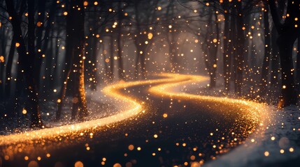 Abstract blurred bokeh glow softly scattered along a frosty forest trail with snow-covered trees evoking a serene seasonal feel