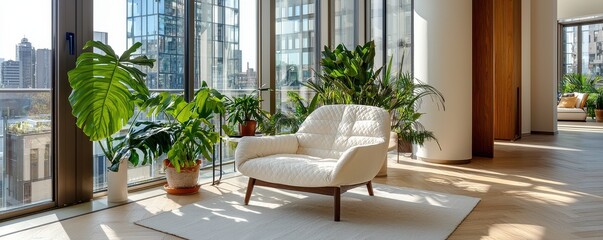 Modern interior featuring a cozy chair and lush indoor plants with bright sunlight.