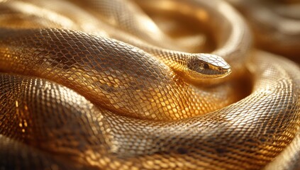 Fototapeta premium Stunning golden snake with intricate scales reflecting light in a soft focus background, showcasing a luxurious and mesmerizing texture that captures attention.