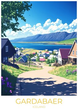Gardabaer Iceland Travel Poster Flat Illustration Print Decor Gift Canvas Wall Art Gift