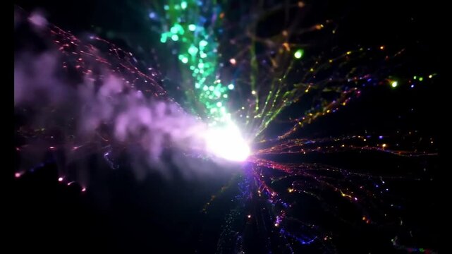 Abstract pattern of beautiful color light blasting form a center of screen spreading to the edge on black background, scattered brighr coiorful particles texture flowing and turn to be a bokeh