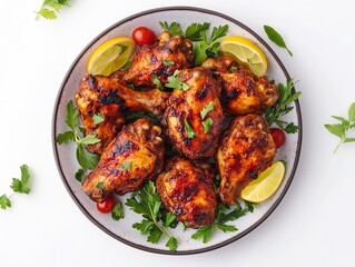 A plate of grilled chicken legs with lemon slices, cherry tomatoes, and parsley.