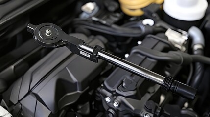 Fototapeta premium An oil filter removal tool in use during an engine oil change