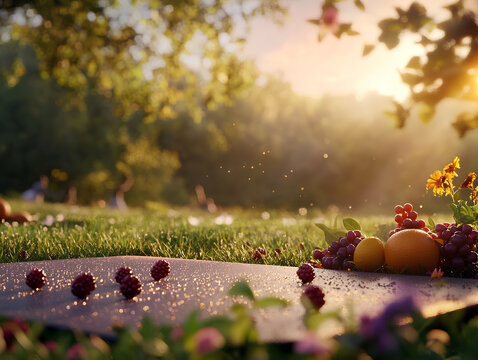 Morning Workout in Dewy Meadow with Yoga Mats and Fresh Fruits  

