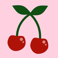 Illustration of Red Cherries with stems and leaves. Prunus avium, wild cherry, sweet cherry.