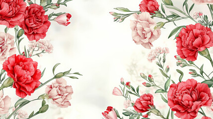 Beautiful red carnations and soft pink freesias create floral frame